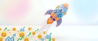 Colorful rocket ship launching upward with growth charts, gears, and smiley face icons on white background, representing business success and startup innovation.