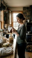 Woman pouring bulk grains into glass jar in rustic kitchen with stone walls and wooden countertops. Sustainable food storage and pantry organization.