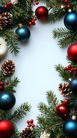 Christmas frame with red and blue ornaments, pine branches, berries and pinecones on white background, copy space for seasonal greeting cards and holiday designs.