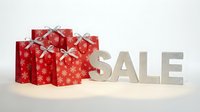 Red Christmas gift bags with snowflake pattern and silver SALE letters on white background, holiday shopping promotion concept.
