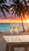 Two champagne glasses on wooden table at tropical beach sunset with palm trees for romantic celebration and luxury vacation concept.