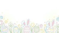 Pastel Easter border with decorated eggs, bunny ears and spring flowers on white background for greeting cards and seasonal designs.