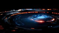 Futuristic circular interface with glowing blue and orange light trails creating dynamic motion effect against dark background for technology designs.