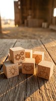 Wooden blocks with business icons including gears, lightbulb, handshake and arrows on rustic table representing strategy, teamwork and growth concepts.