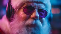 Senior man with white beard wearing sunglasses in vibrant neon purple and blue lighting creating atmospheric portrait for modern lifestyle concepts.