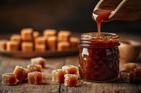 Golden caramel sauce being poured from wooden spoon into glass jar surrounded by homemade caramel candy cubes on rustic wooden surface.
