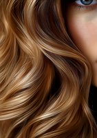 Close-up of wavy caramel blonde hair highlights and blue eye detail showing professional hair coloring technique and natural-looking balayage effect.