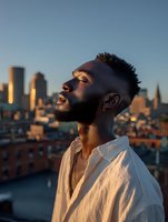 Young African American man in white shirt enjoying sunset against urban cityscape backdrop, eyes closed with peaceful expression during golden hour lighting period.