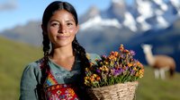 Young Native American woman in traditional dress holding basket of wildflowers against snow-capped mountain backdrop, expressing joy and cultural heritage in natural setting.