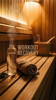 Sauna recovery scene with water bottle and towel on wooden bench, steam rising in warm ambient lighting for fitness and wellness content.