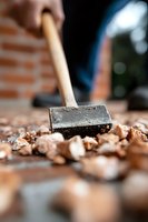 Close-up view of sledgehammer hitting concrete debris during demolition work, with blurred brick wall background and scattered fragments in selective focus.