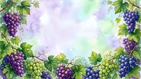 Watercolor grape vines frame with purple and green clusters, leaves and tendrils on soft pastel background for wine labels, harvest themes and botanical designs.