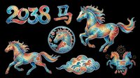 Colorful Chinese zodiac horse clipart set for 2038 year, isolated on transparent background, ready for stickers, sublimation, t-shirt design, and print on demand.