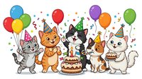 Cartoon cats celebrating birthday party with balloons, confetti, cake and party hats. Isolated clipart suitable for greeting cards, invitations, t-shirt designs and children's illustrations.