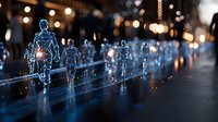 Digital human figures walking on futuristic pathway with glowing network connections and bokeh lights representing artificial intelligence and technology.