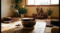 Zen meditation room with burning incense stick and singing bowl on wooden table. Peaceful yoga studio interior with natural light and plants.