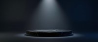 Dark stone podium illuminated by dramatic spotlight beam against deep blue background for luxury product display and premium brand presentation.