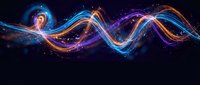 Abstract flowing energy waves with glowing neon lights in blue, purple and orange colors on dark background for digital art and futuristic designs.