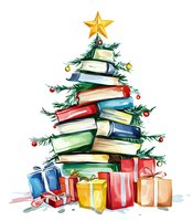 Creative Christmas tree made of stacked books decorated with ornaments and star topper, surrounded by wrapped presents at base, watercolor style artwork.