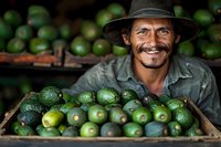 Hispanic farmer smiling while holding wooden crate full of fresh green limes at local market. Agricultural worker showcasing organic citrus harvest in traditional setting.