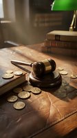 Wooden gavel with brass band on marble surface surrounded by gold coins and law books in warm office lighting for legal and financial concepts.
