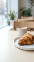 Fresh golden croissant on white plate with coffee cup on wooden table in bright modern kitchen interior with plants and natural window light.