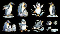 Cute penguin clipart set isolated on transparent background, featuring baby and adult penguins in playful poses, ready for stickers, t-shirt design, and print on demand.