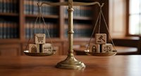 Scales of justice balancing consumer rights and business law with shopping cart and gavel symbols in legal office setting for commercial litigation concepts.