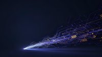 Digital technology network with glowing blue lines and geometric patterns creating futuristic data flow visualization on dark background.