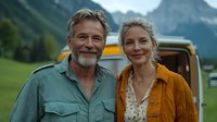 Mature couple smiling at camera near vintage camper van in mountain landscape. Gray-haired man in green shirt and blonde woman in mustard sweater enjoying outdoor adventure.