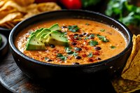 Creamy tomato soup with avocado slices and herbs in black bowl, served with tortilla chips for Mexican cuisine restaurant menu and comfort food recipes.