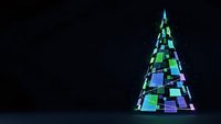 Modern geometric Christmas tree with colorful blue and green rectangular panels on dark background for holiday designs and seasonal marketing materials.