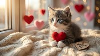 Adorable tabby kitten with blue eyes holding red heart, sitting on cozy blanket with adopt me sign. Valentine's Day pet adoption concept with warm bokeh lights.
