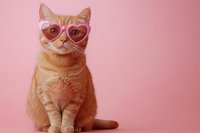 Orange tabby cat wearing heart-shaped sunglasses sitting on pink background for Valentine's Day greeting cards and romantic pet photography.