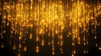 Magical golden light streams falling from above against dark background, glowing sparkles and luminous particles creating festive atmosphere.