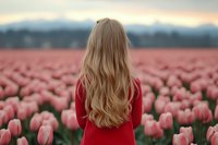 Young woman with long blonde wavy hair wearing red sweater standing in pink tulip field at sunset, view from behind against mountain landscape background.