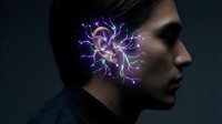 Young Asian man in profile with glowing purple electric neural network emanating from ear representing artificial intelligence and brain technology.