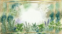 Watercolor botanical frame with green herbs, lavender and foliage creating elegant border on white background for wedding invitations and greeting cards.