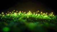 Glowing green bioluminescent mushrooms growing in dark forest with magical bokeh lights and mystical atmosphere, macro nature photography.