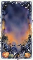 Halloween watercolor frame with spooky decorative border featuring pumpkins, ghosts, bats, skulls and haunted houses on gradient purple orange background.