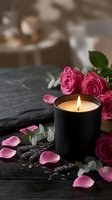 Luxury spa setting with burning candle, pink roses, eucalyptus and lavender on dark wooden surface for relaxation and aromatherapy wellness.