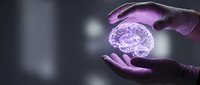Glowing purple holographic brain held in medical gloved hands on dark background, symbolizing neuroscience and healthcare innovation.
