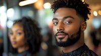 Confident young Black man with beard and curly hair in stylish black outfit, with woman in background at upscale evening event.