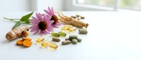 Assorted natural supplements, vitamins, and herbal roots with echinacea flower on white surface, blending traditional and modern wellness approaches.