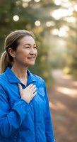 Middle-aged Asian woman wearing bright blue jacket, smiling outdoors with hand on chest in park setting with bokeh background, expressing gratitude, wellness, and positive emotion.