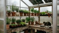 Greenhouse interior with potted plants on wooden shelves, herbs and greenery in terracotta containers, natural sunlight through glass roof, gardening workspace for horticulture and plant cultivation.