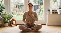 Pregnant woman practicing mindfulness meditation in lotus position on yoga mat at home, expecting mother wellness routine for stress relief and relaxation.