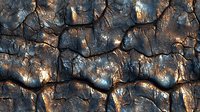 Dramatic stone wall texture with deep cracks and crevices illuminated by dramatic lighting, creating contrast between shadows and copper-tinted highlights. Natural pattern.
