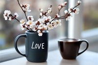 Spring cherry blossom branches in love mug with coffee cup on windowsill creating romantic morning scene for home decor and seasonal greeting cards.