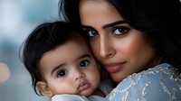 Young South Asian woman in silver embroidered dress embraces small child with innocent expression against soft bokeh background, capturing tender family moment.